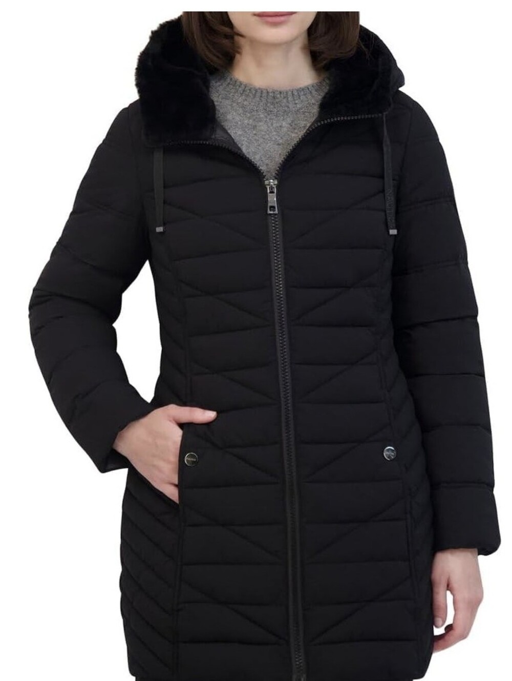 Nautica Women's Stretch Black Puffer Jacket With Faux Fur Lined Hood Size Small